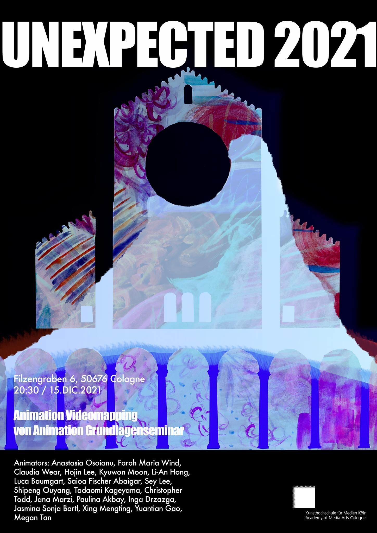 Galeriebild des Projekts ""Unexpected 2021"" Videomapping von Studierenden der KHM für die Fassade der Trinitatiskirche