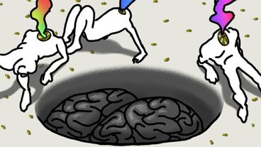 Animation mit abgebildeten menschlichen Hirn welches in einen Boden eingelassen ist, drei Figuren sitzen um dieses Gerhin und es steigt bunter Rauch aus ihren Hälsen. Alle drei besitzen keinen Kopf.