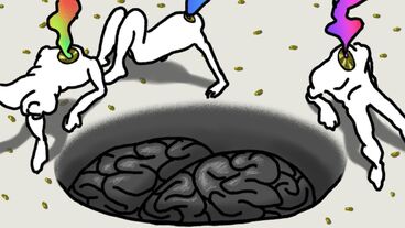 Hassenberg Animation mit abgebildeten menschlichen Hirn welches in einen Boden eingelassen ist, drei Figuren sitzen um dieses Gerhin und es steigt bunter Rauch aus ihren Hälsen. Alle drei besitzen keinen Kopf.