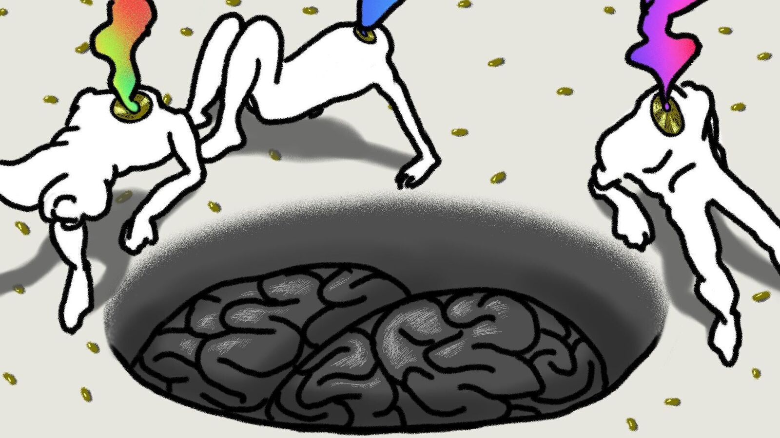 Animation mit abgebildeten menschlichen Hirn welches in einen Boden eingelassen ist, drei Figuren sitzen um dieses Gerhin und es steigt bunter Rauch aus ihren Hälsen. Alle drei besitzen keinen Kopf.