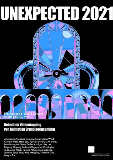 Titelbild des Projekts ""Unexpected 2021"" Videomapping von Studierenden der KHM für die Fassade der Trinitatiskirche