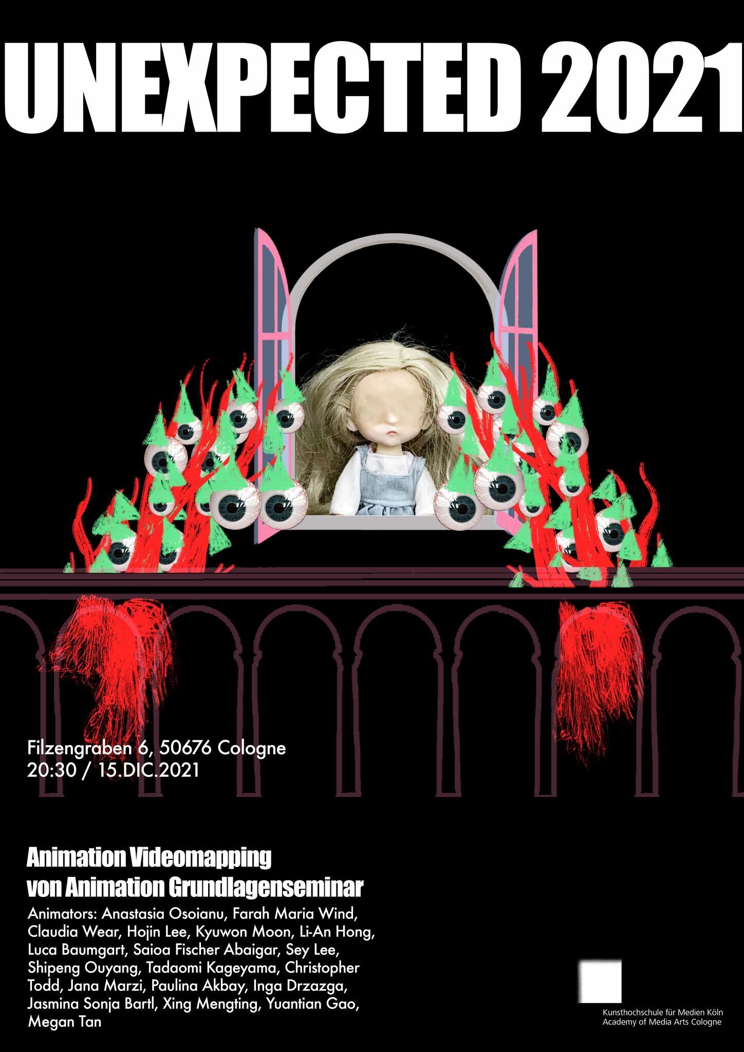 Galeriebild des Projekts ""Unexpected 2021"" Videomapping von Studierenden der KHM für die Fassade der Trinitatiskirche