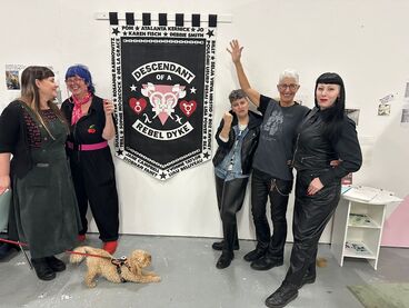 Descendant of A REBEL DYKE Exhibition with Homophobia, November 2025: Atalanta Kernick (OG RD), Siobhan (OG RD), Rachel Smith (RD Archivist at Bishopsgate, Fisch (OG RD), Emily Witham (Artist)