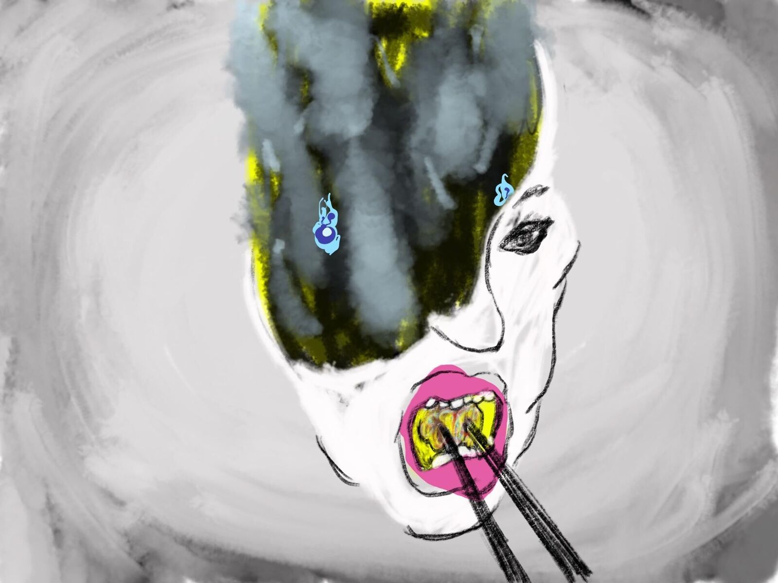 Animation, ein gezeichnete Person bewegt sich auf allen Vieren, es liegt ein bunter Schal um ihren Mund und es sitzt eine Art Delphin Flosse auf ihrem Rücken.