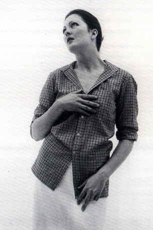 a b/w photo by VALIE EXPORT, showing a woman in a body re-enactement posture