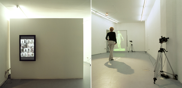 two areas of the installation: the imagebanking one and the re-enact one with video-camera system and projection screen