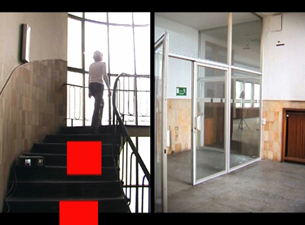 another scene from the video of the installation: a woman stepping upstairs in a public place